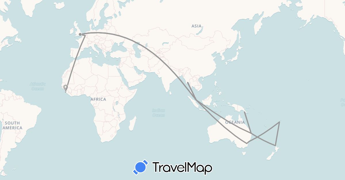 TravelMap itinerary: plane in Australia, Belgium, Fiji, United Kingdom, Myanmar (Burma), New Zealand, Papua New Guinea, Singapore, Sierra Leone (Africa, Asia, Europe, Oceania)